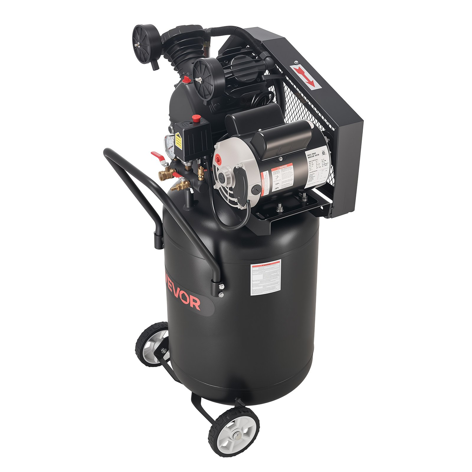 VEVOR 20-gallon air compressor with 2HP motor, portable design, wheels, oil-lubricated tank, suitable for auto repair and spray painting.