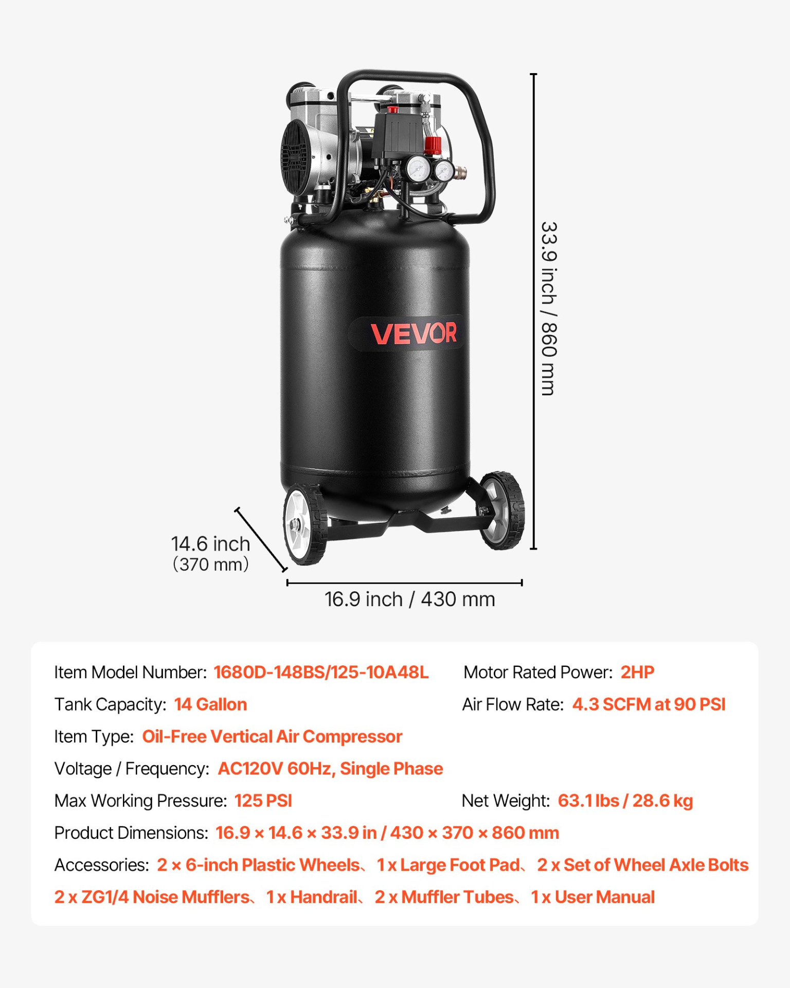 Start2Finish VEVOR 14-gallon oil-free air compressor with 2HP motor, portable on wheels, ideal for auto repair, tire inflation, and painting.