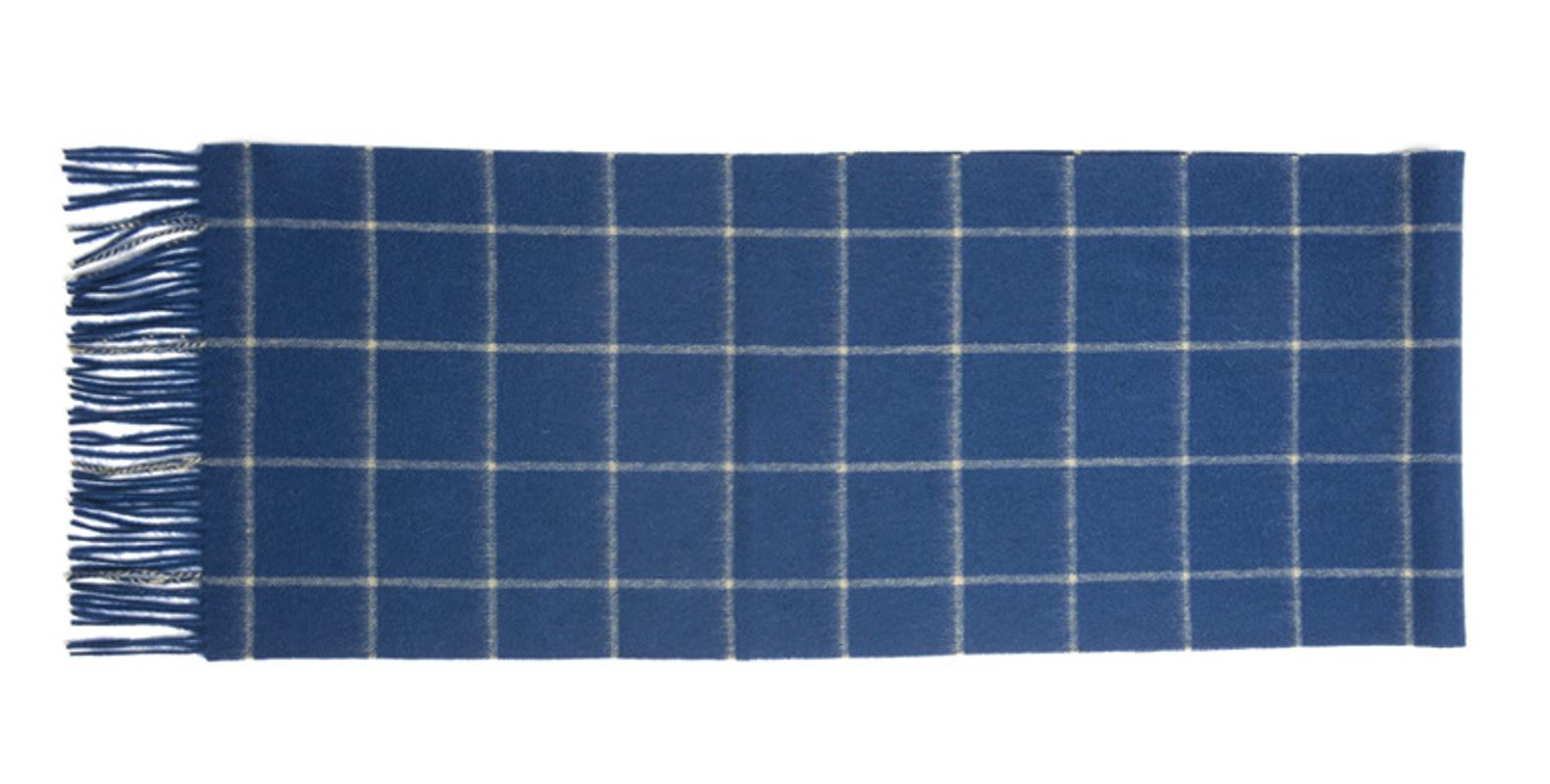 Royal blue and camel woven lambswool scarf from Start2Finish featuring a check pattern, soft and warm for stylish winter wear.