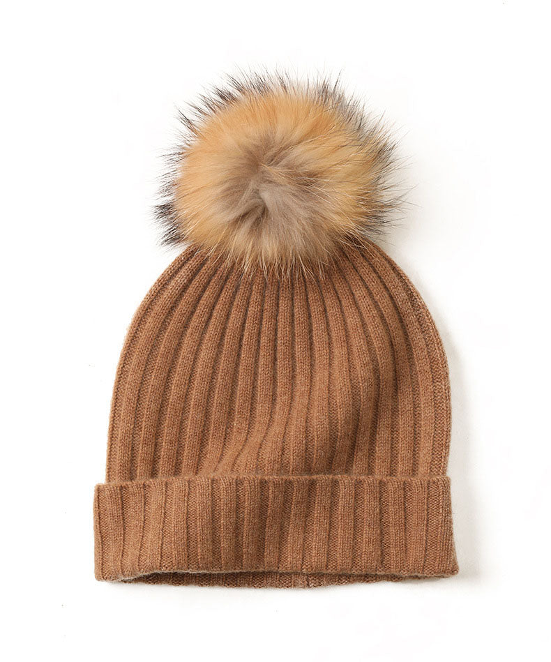 Start2Finish cashmere ribbed beanie with eco-friendly pompom in Mont Blanc caramel, showcasing soft knit fabric and cozy style.