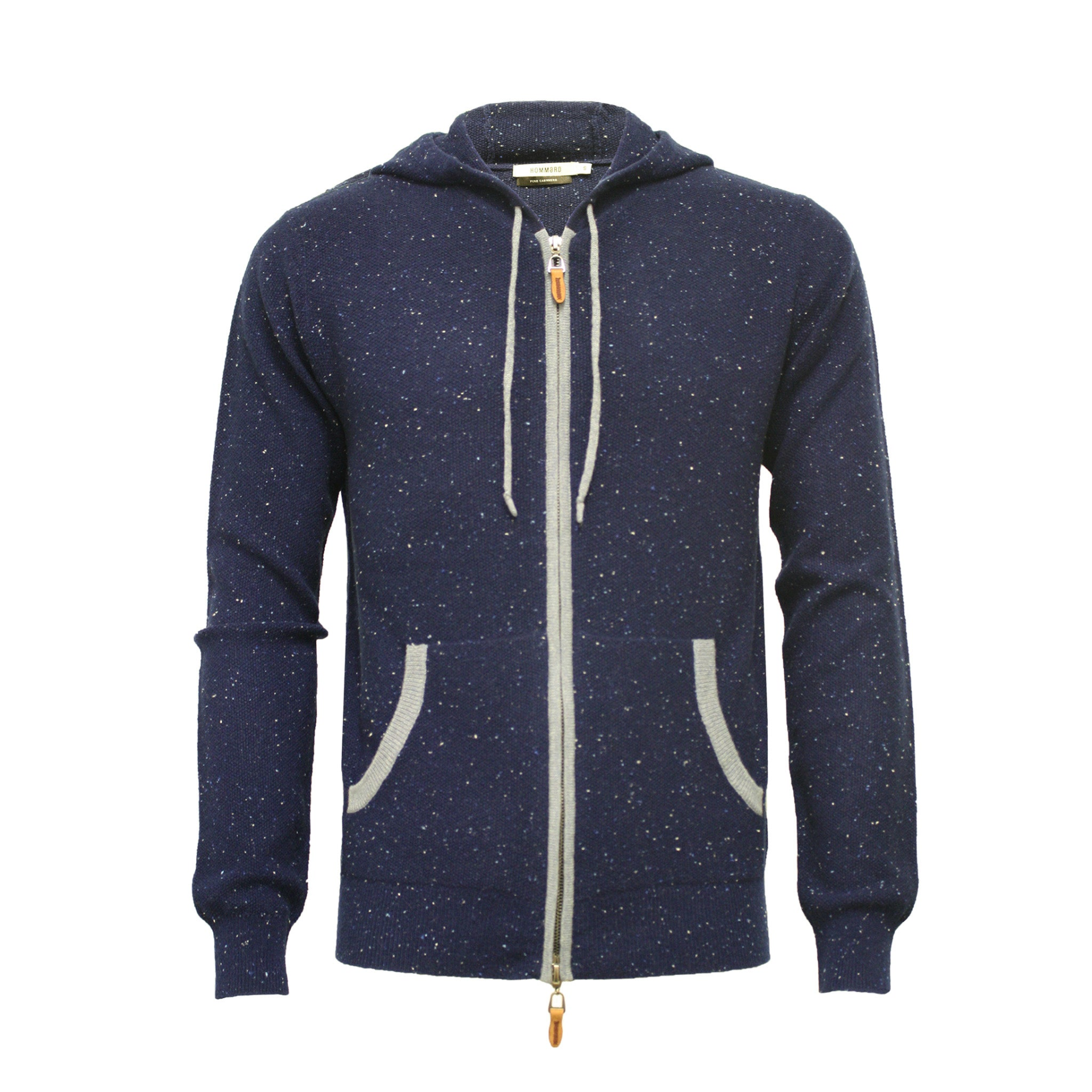 Donegal Blue cashmere hooded zipper sweater by Start2Finish, showing the cozy blue sweater with a front zipper and hood.