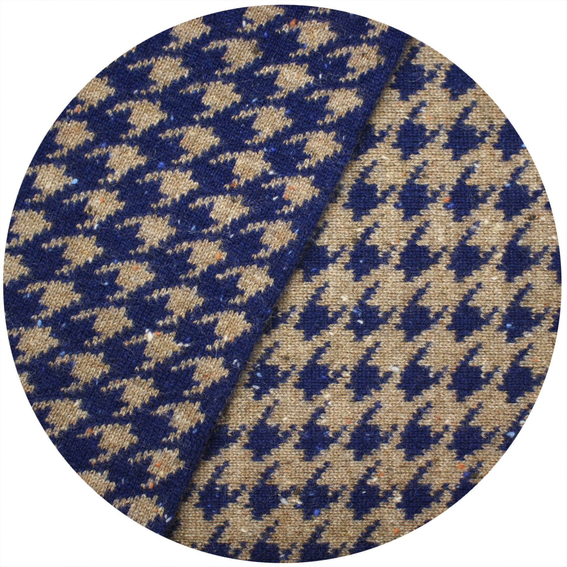Start2Finish houndstooth knitted cashmere scarf in camel and blue, soft and stylish apparel accessory.