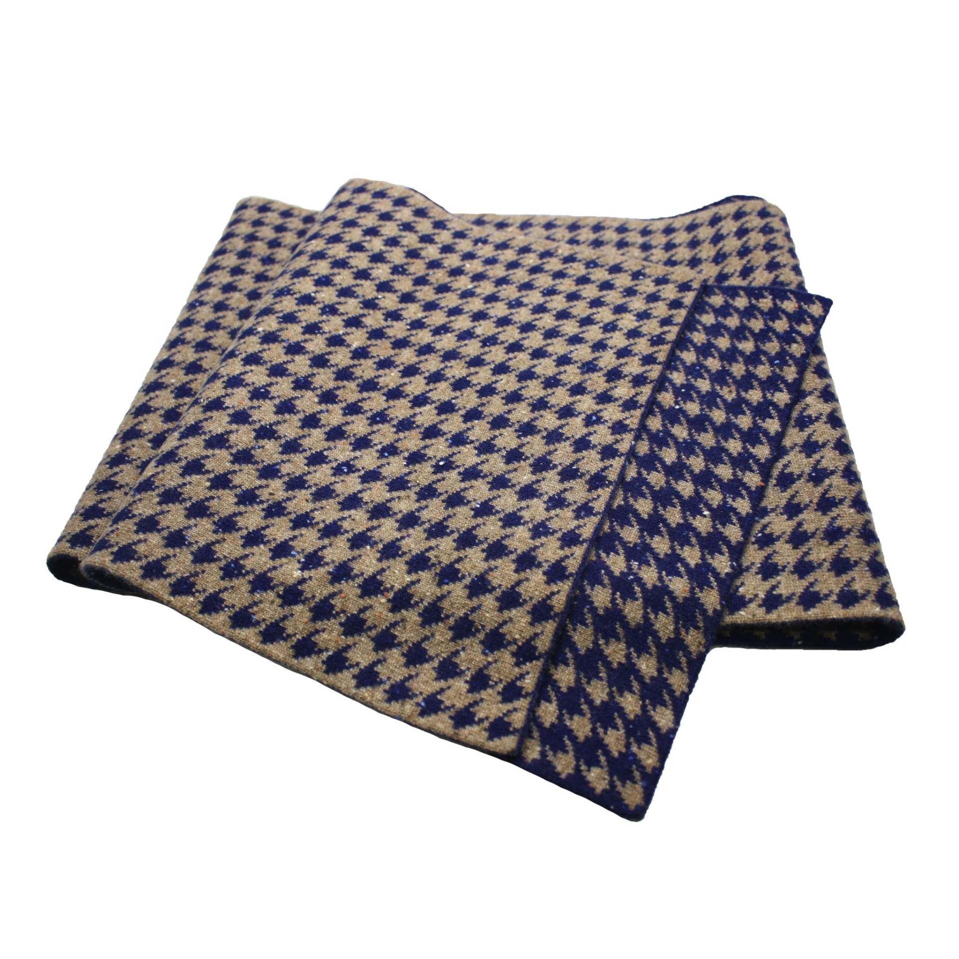 Start2Finish camel and blue houndstooth knitted cashmere scarf with fringed edges, stylish and cozy apparel accessory.