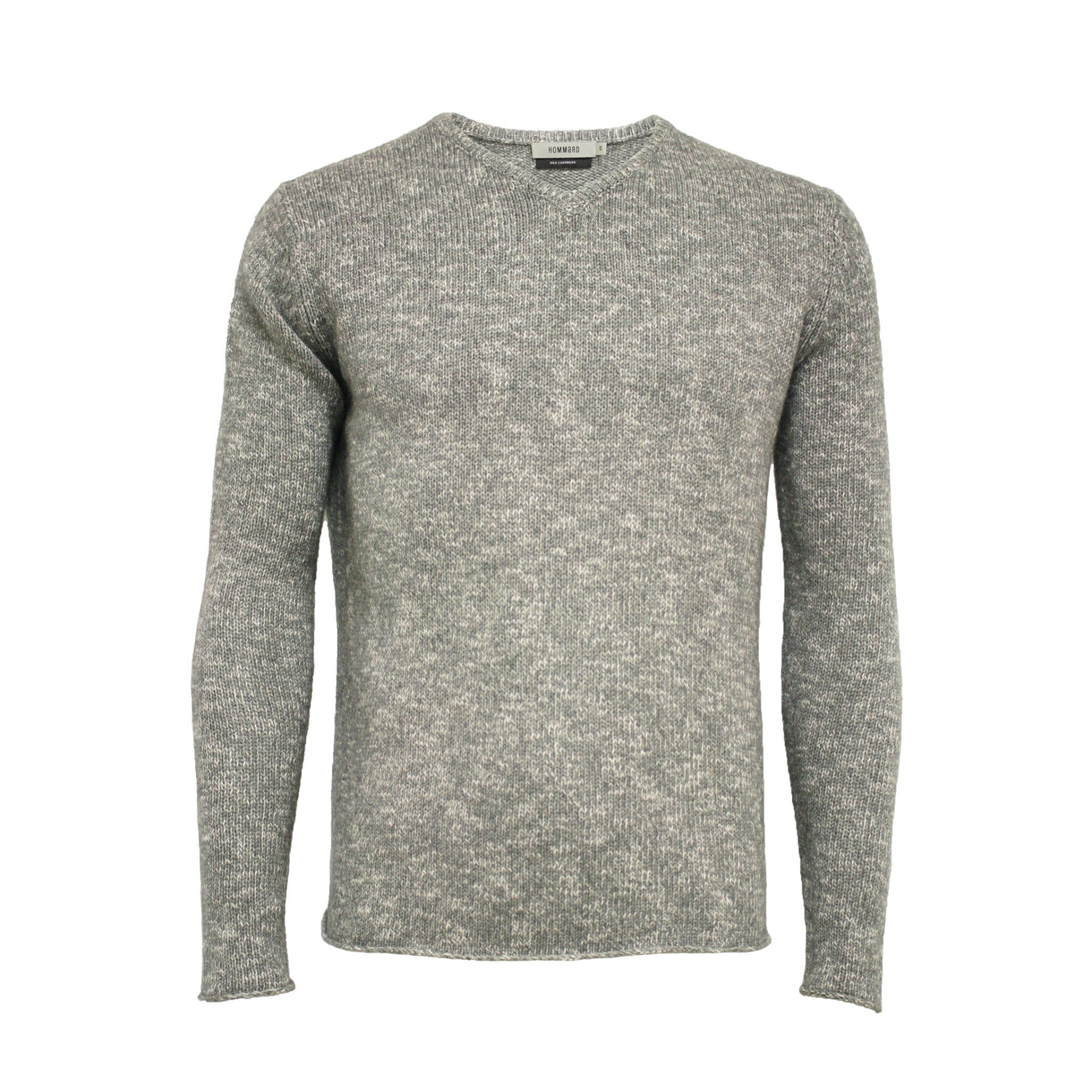 Start2Finish Melange Cashmere V-neck sweater in grey and white jersey stitch, cozy and stylish apparel for cold weather.