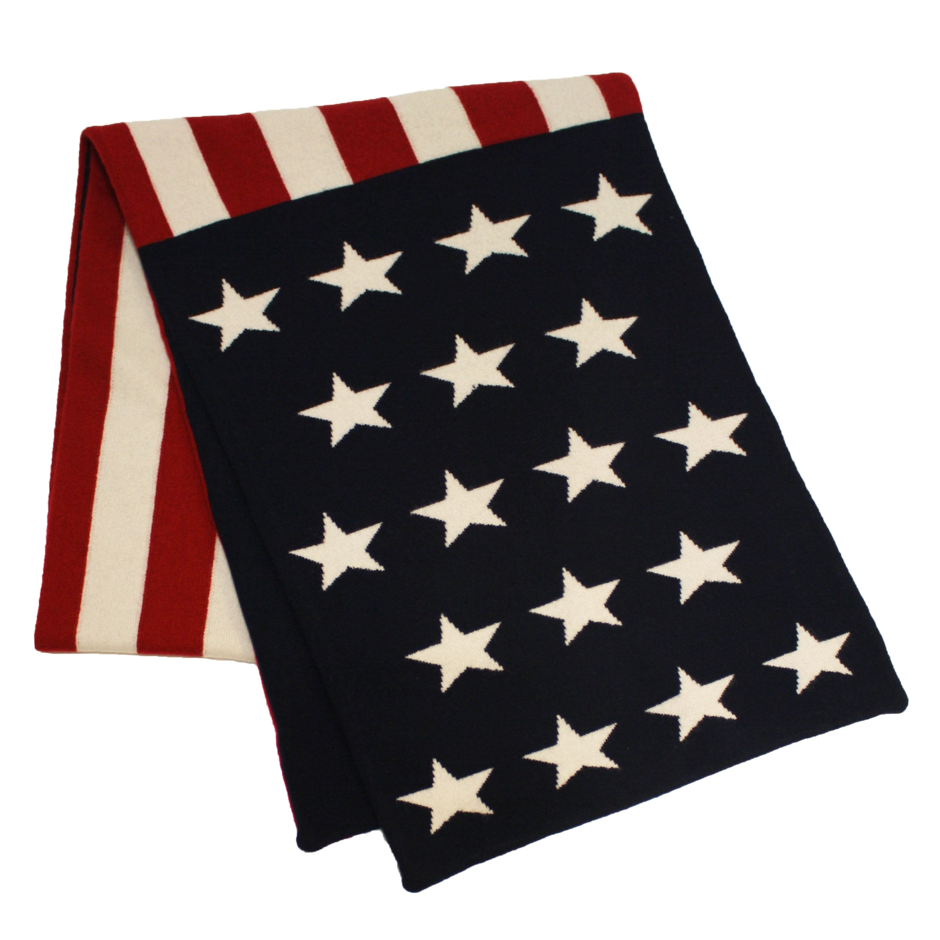 American flag knitted cashmere scarf by Start2Finish, showing vibrant patriotic pattern and soft, cozy texture.