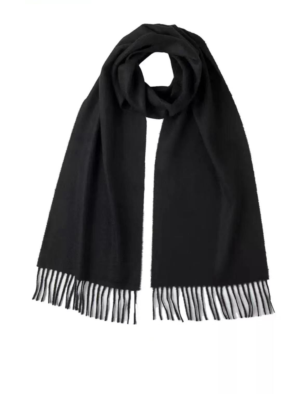 Black cashmere scarf by Start2Finish, woven plain design, soft and cozy apparel accessory for winter warmth.