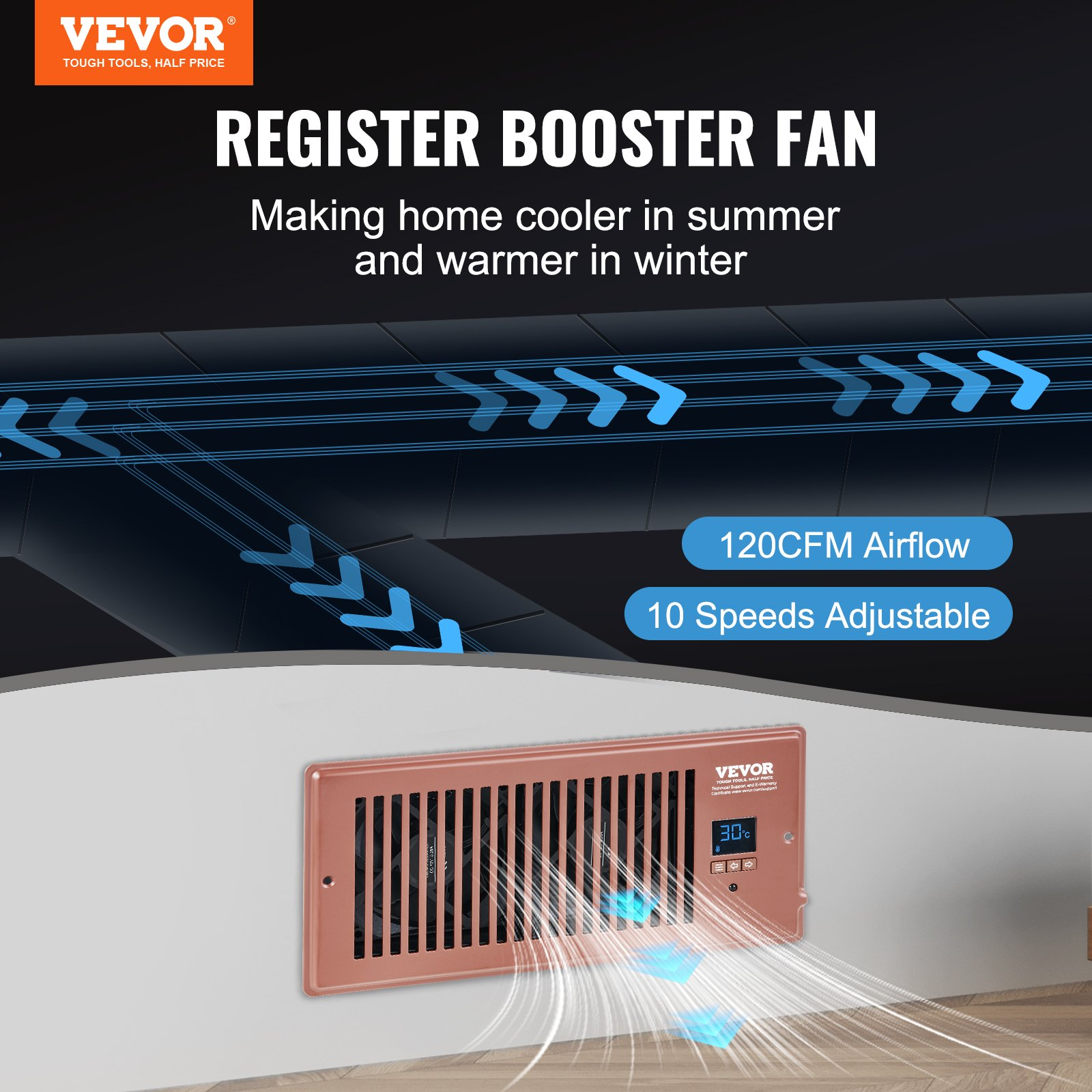 Start2Finish VEVOR register booster fan in brown with remote and thermostat, fits 4” x 10” vents, adjustable speed for heating and cooling.