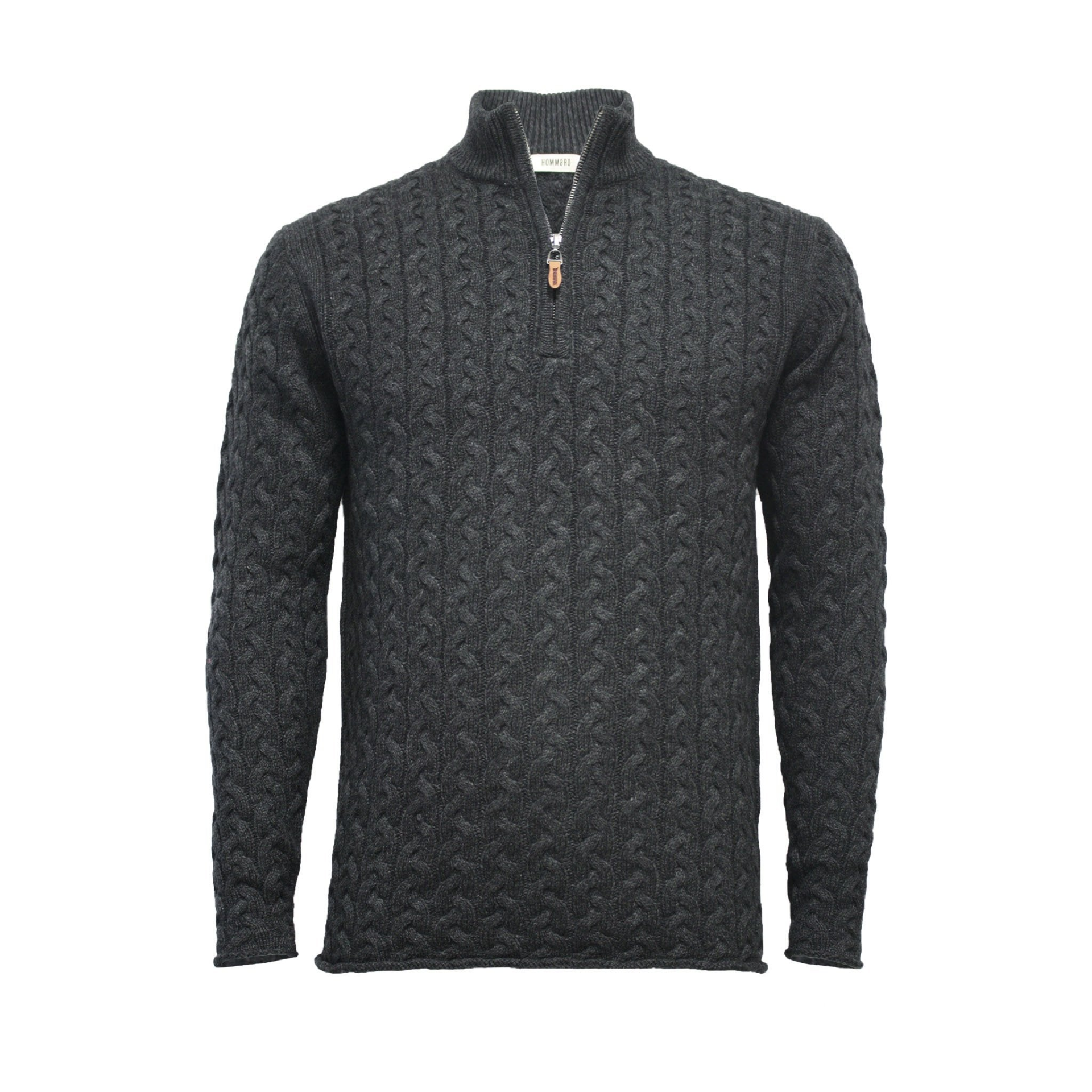 Charcoal cashmere half-zip sweater with full cable knit pattern by Start2Finish, displayed on a hanger.
