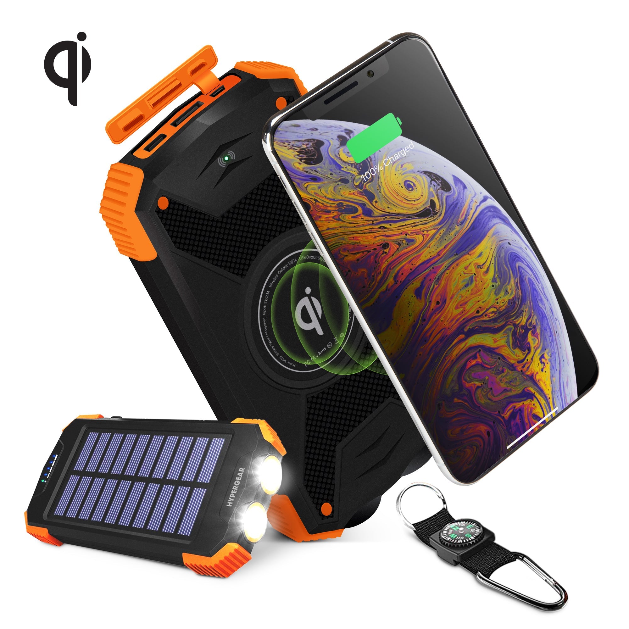 Sky Iapetus HyperGear Solar 10,000mAh wireless power bank with solar panel for mobile and laptop charging.