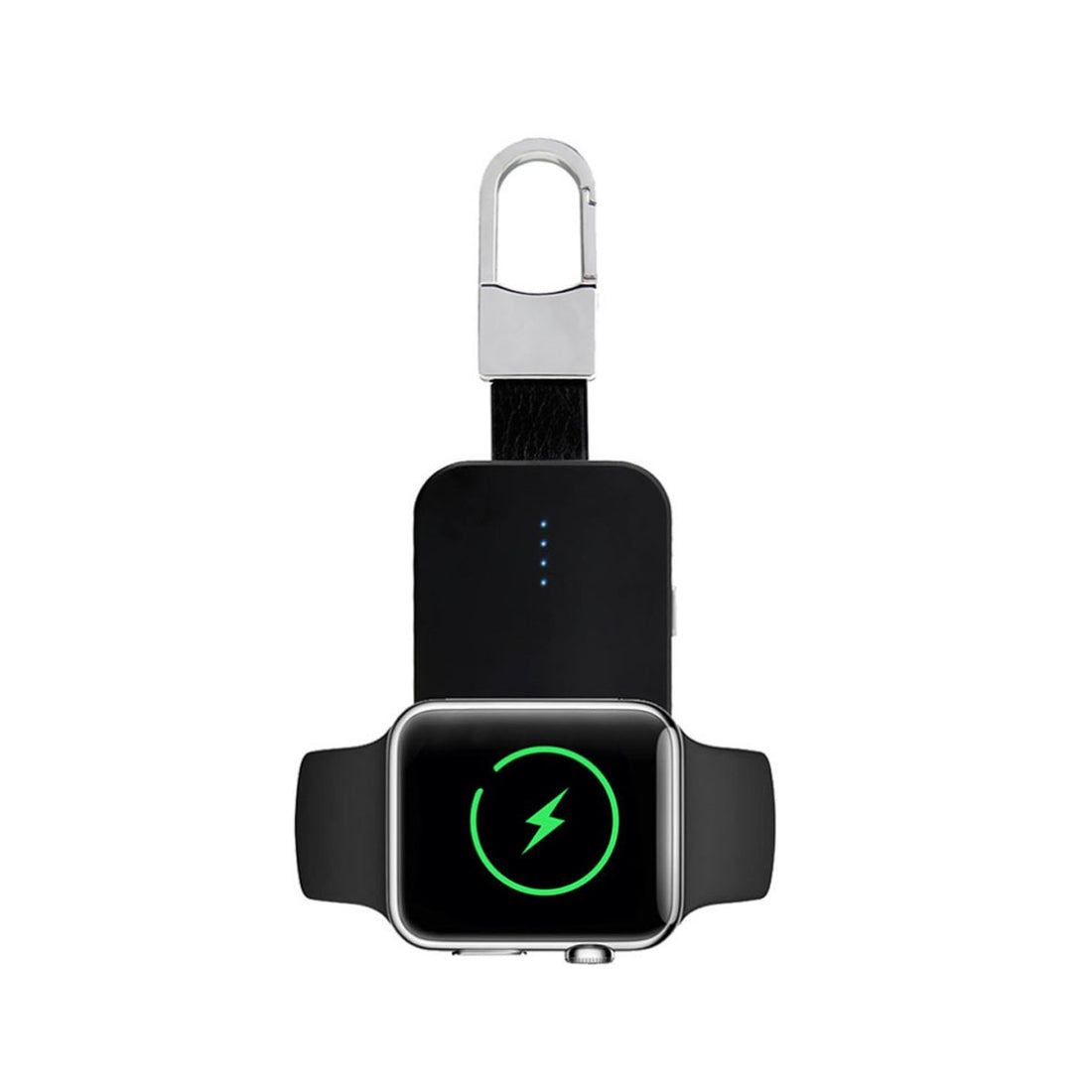 Salmon Lucky Apple Watch wireless charger power bank on key chain, portable tech accessory with compact design and key ring attachment.