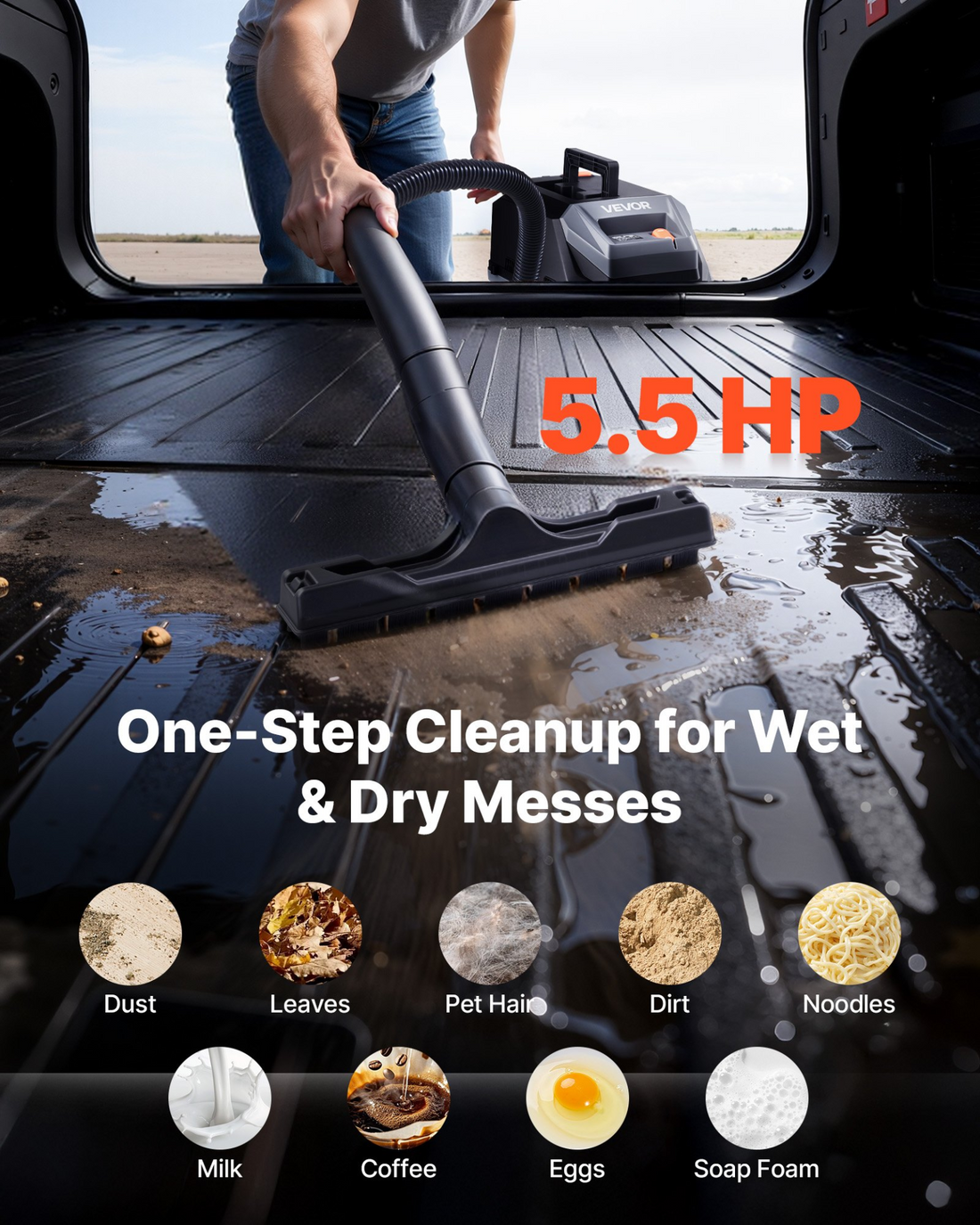 Start2Finish VEVOR 11-gallon commercial shop vacuum with 5.5 HP, portable wet-dry design, 7ft hose, and self-cleaning feature.