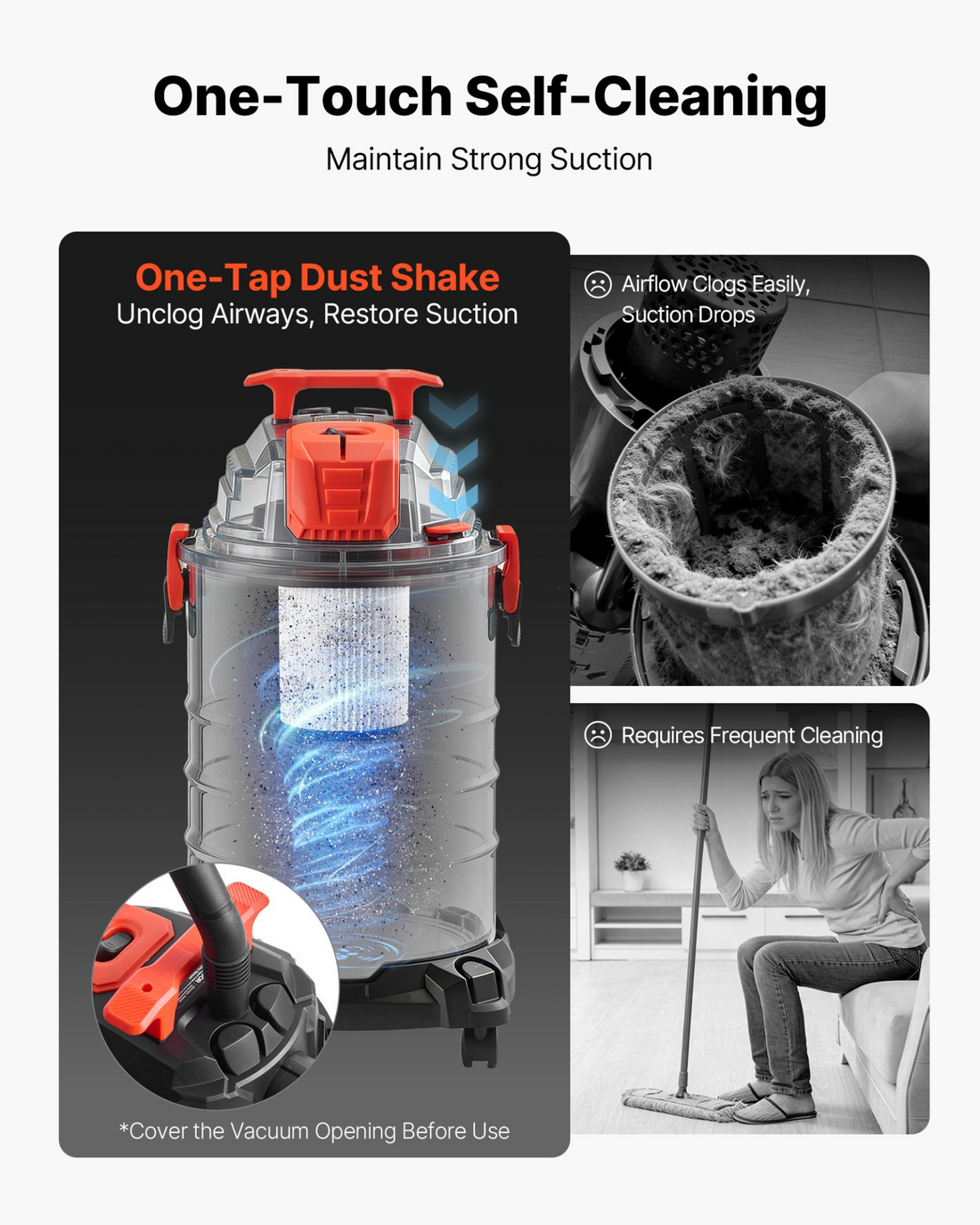 Start2Finish VEVOR 8-gallon wet dry shop vac with 6 HP, metal tank, 7ft hose, and self-cleaning filter for workshop and garage use.