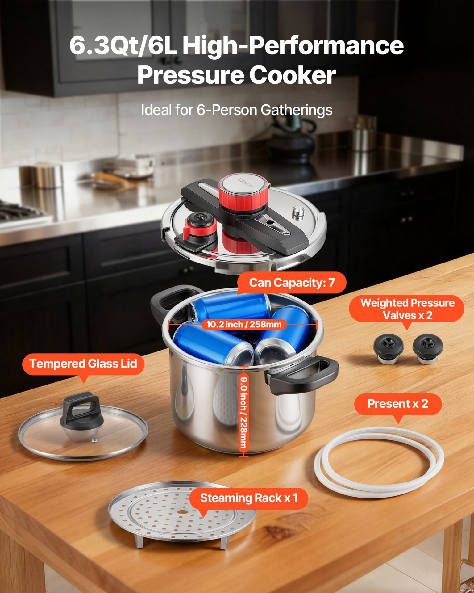 Start2Finish VEVOR 6.3Qt stainless steel pressure cooker with glass lid, steaming rack, and three pressure settings for versatile cooking.