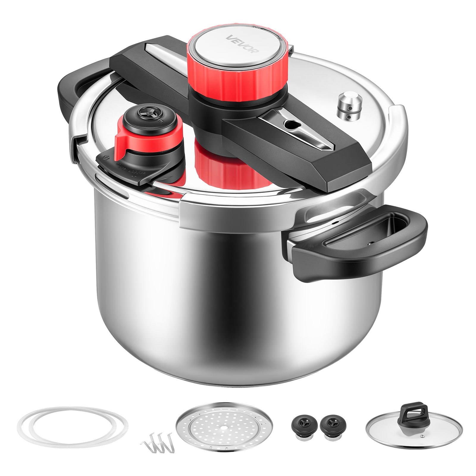 Start2Finish VEVOR 6.3QT stainless steel pressure cooker with glass lid, steaming rack, and three pressure settings for versatile cooking.