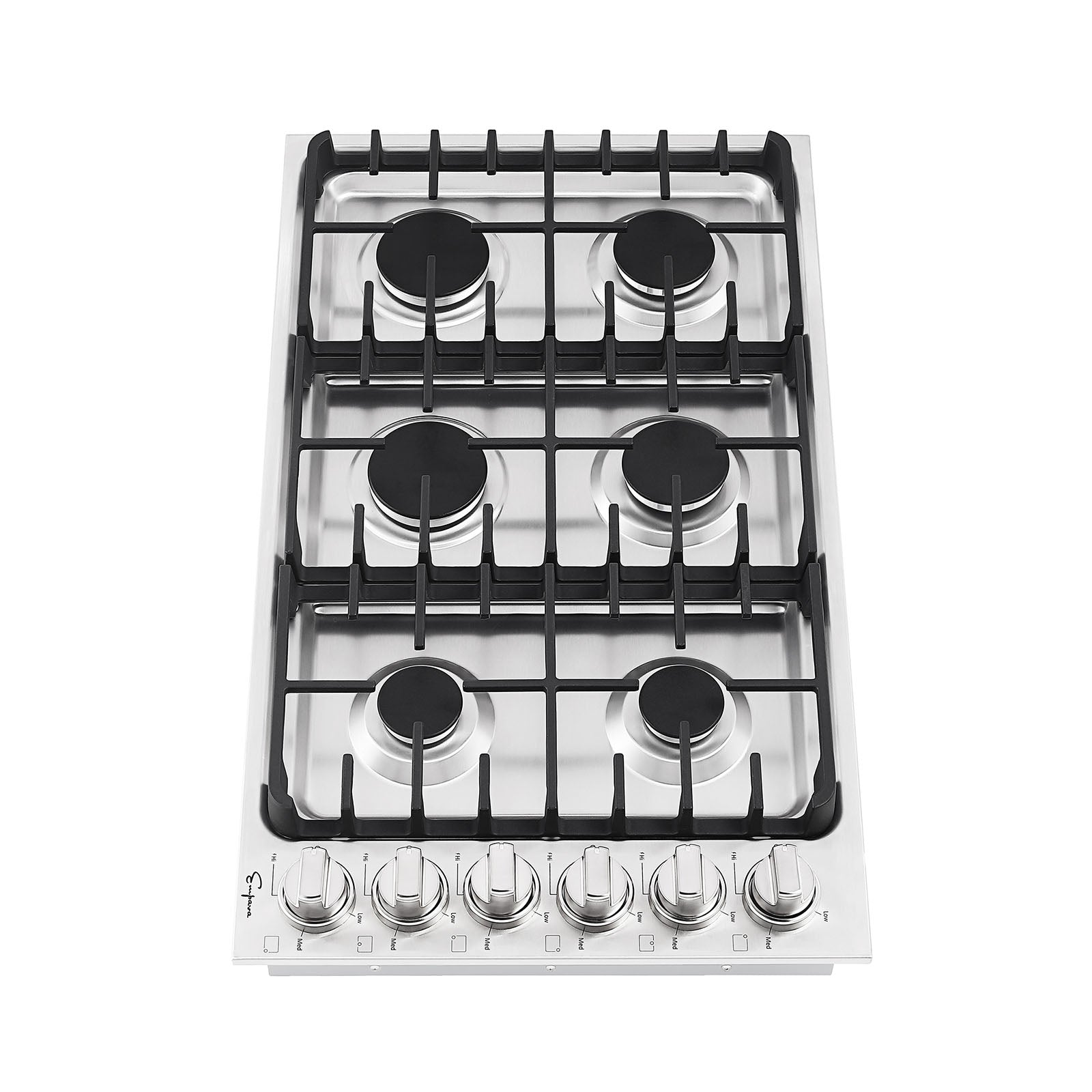 Empava 36-inch built-in gas cooktop with four burners and stainless steel finish, featuring control knobs and grates.