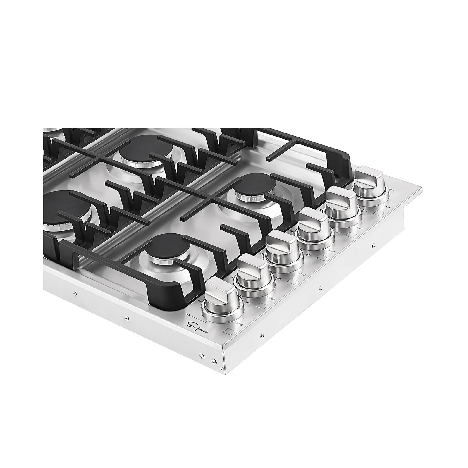 Empava 36-inch built-in gas cooktop with four burners and black finish, featuring control knobs and stainless steel trim.