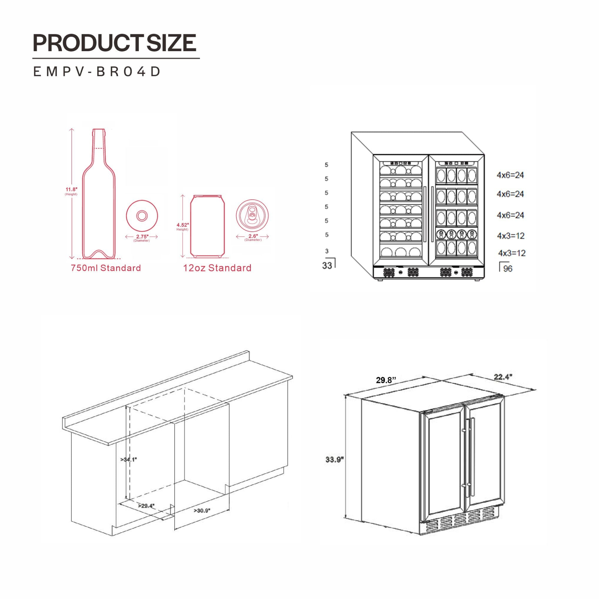 Empava BR04D dual zone wine and beverage cooler fridge with glass door and control panel, designed for kitchen appliances.