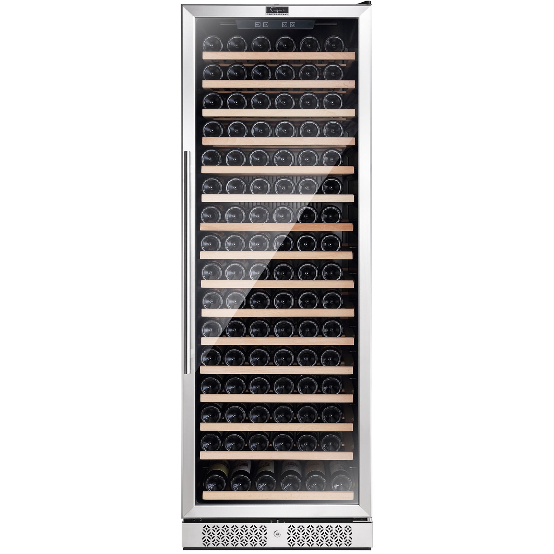 Empava WC07S 70-inch tall wine cooler appliance with glass door and interior shelving, designed for wine storage.