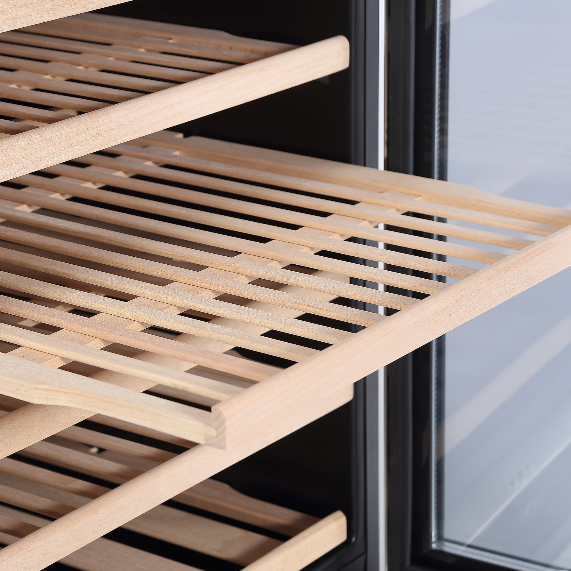 Start2Finish Empava WC07S wine cooler fridge, 70-inch tall appliance with glass door and interior shelving for wine storage.