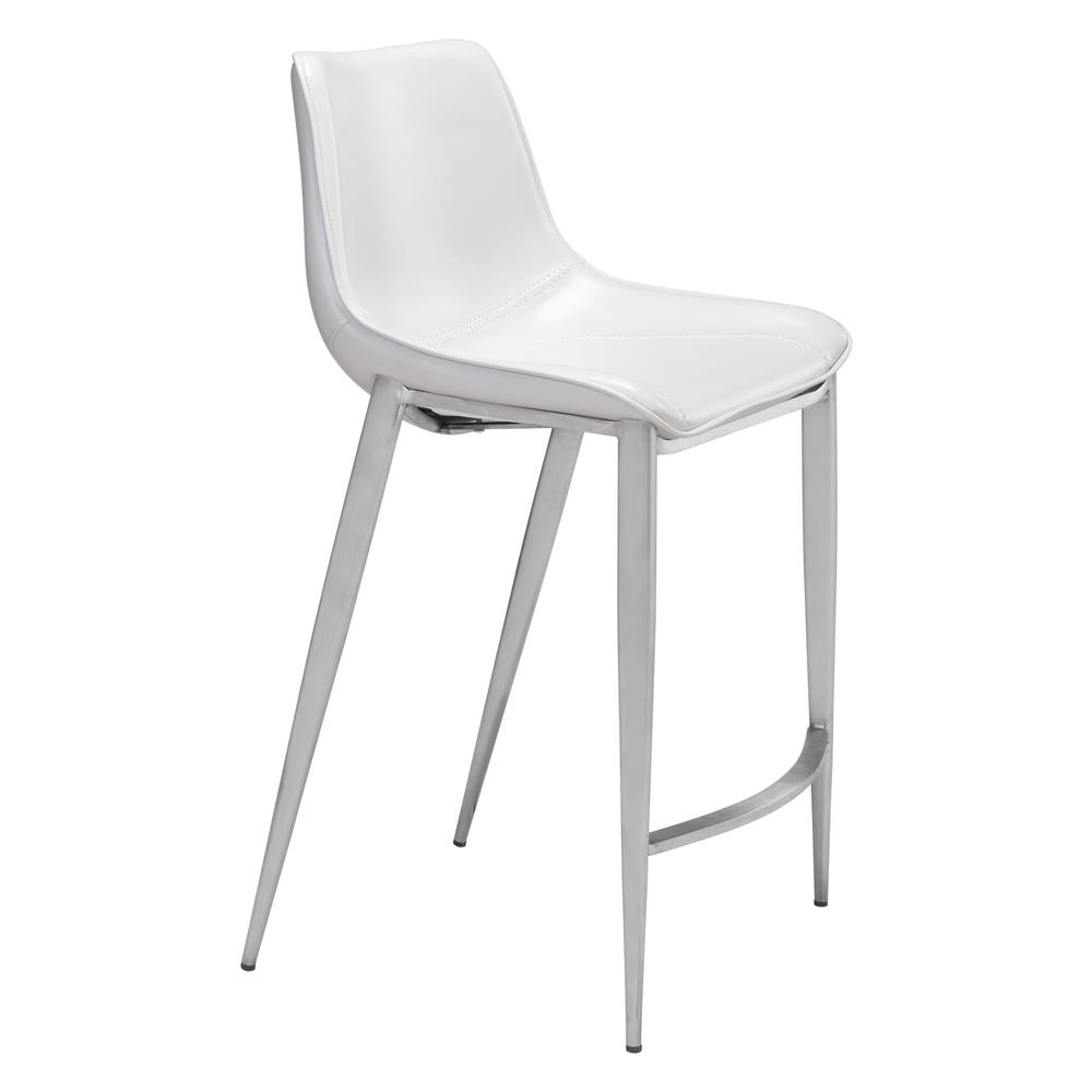 Set of two Magnus counter stools by Start2Finish with white seats and silver metal legs, modern furniture for kitchen or bar area.