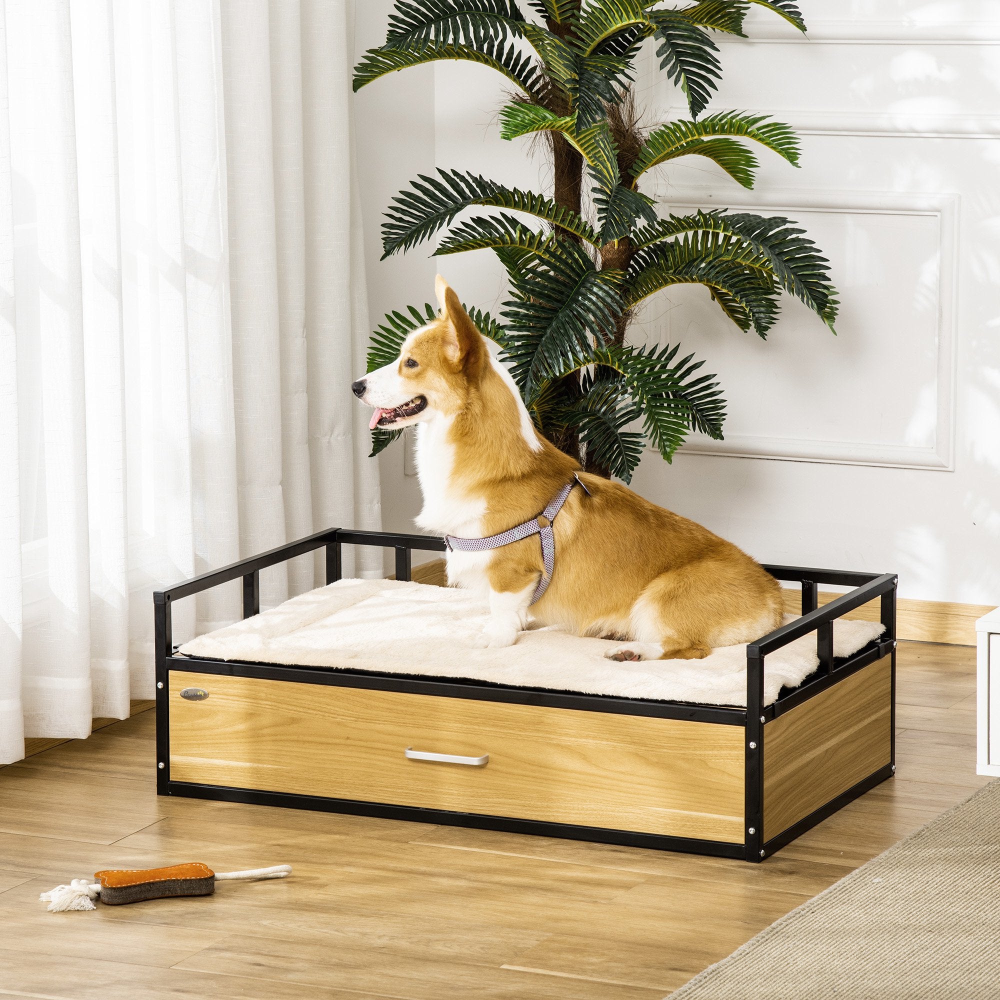 Taupe Shadow elevated dog bed with soft modern puppy couch design, furniture-style pet bed for comfortable indoor use