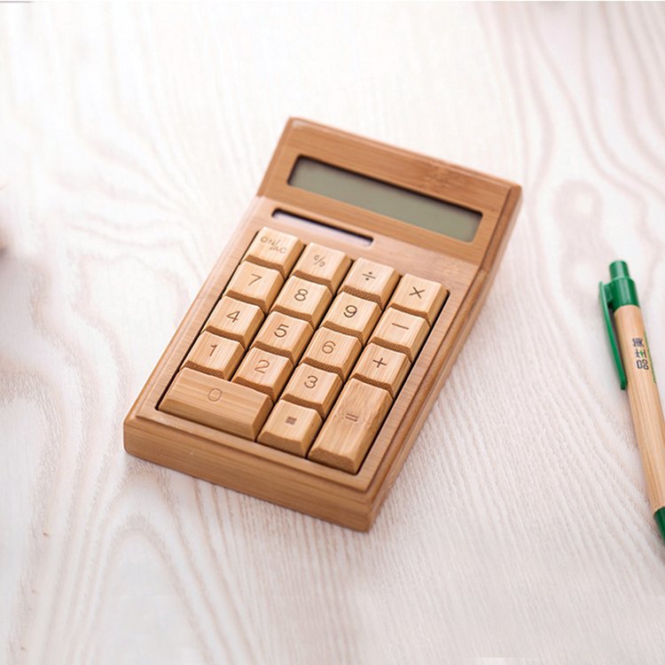 Fuchsia Molly solar-powered bamboo novelty calculator with a sleek, eco-friendly design and digital display.