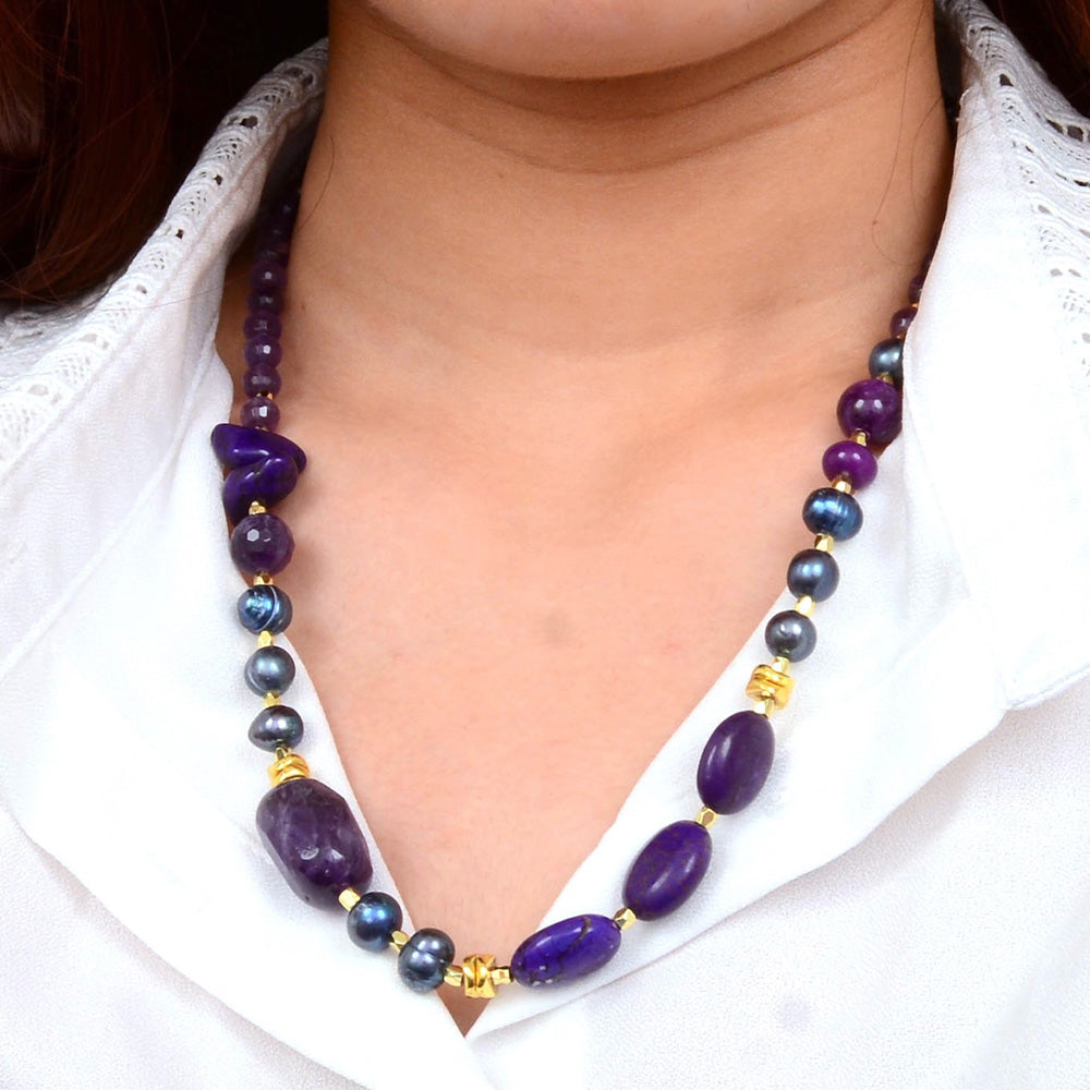 Golden chunky necklace featuring purple amethyst gemstones, crafted by Start2Finish jewelry brand.