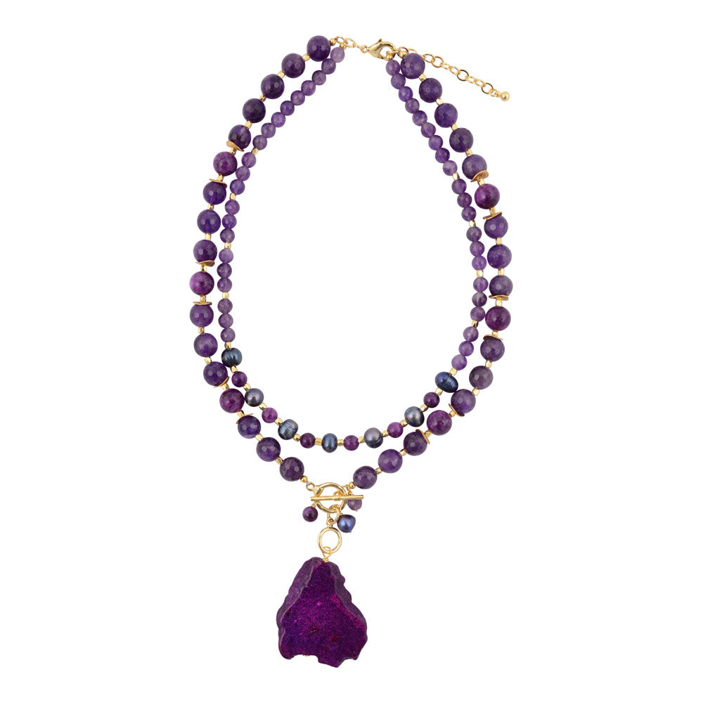 Purple amethyst and jasper pendant necklace with gold accents, showcasing a jewelry design featuring vibrant gemstones and elegant gold details.