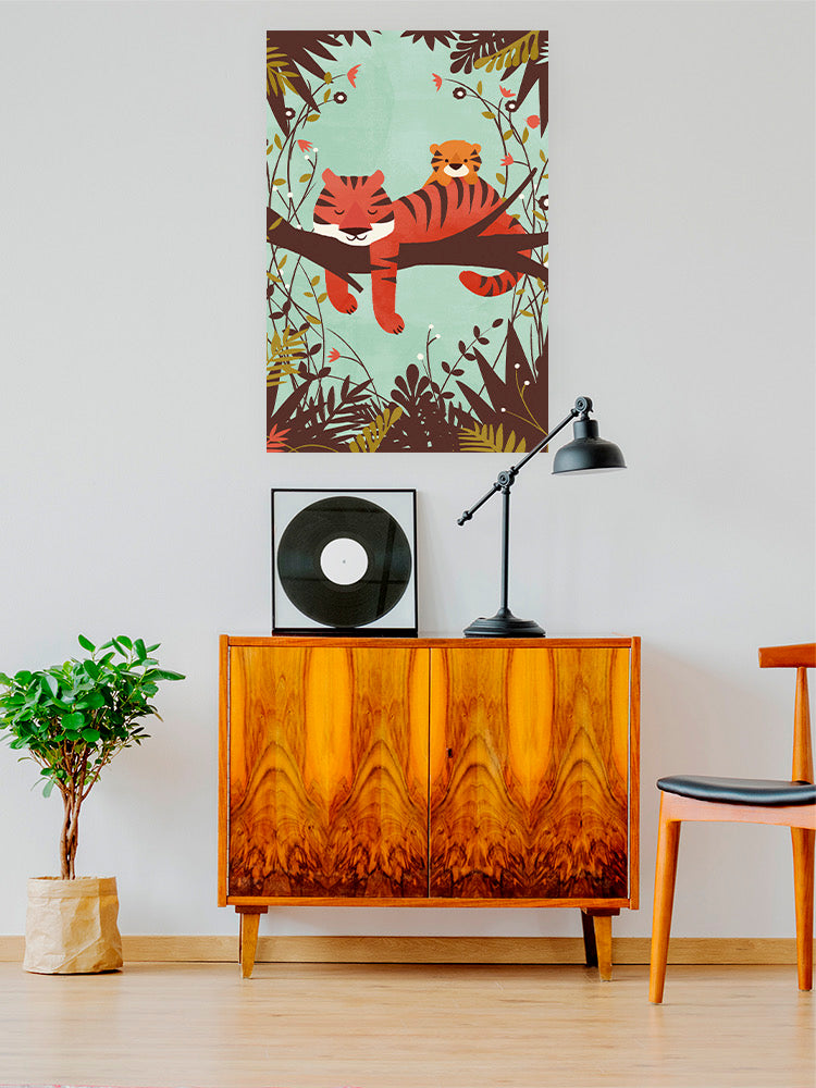 Sleeping Tiger Mom wall art by Jay Fleck Designs, featuring a serene tiger mother illustration for home decor.