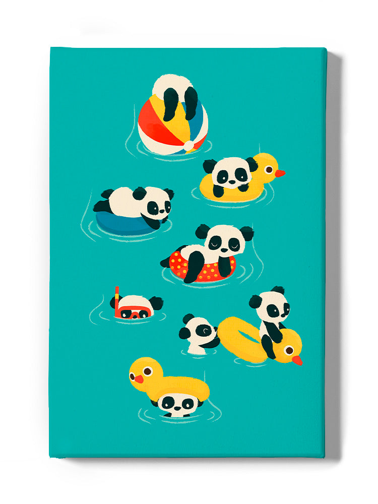 Panda vacation wall art by Jay Fleck Designs featuring a panda relaxing on a tropical beach scene, home decor poster.