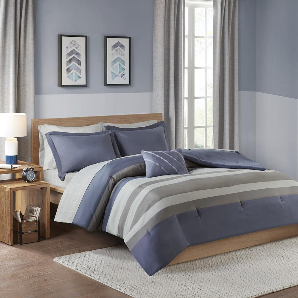 Start2Finish striped comforter set with matching bed sheets, featuring a cozy bedding arrangement in the image.
