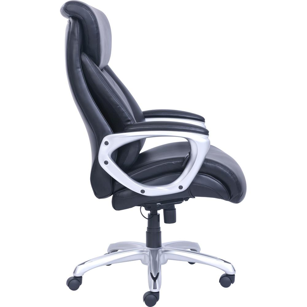 Lorell Wellness by Design Big & Tall office chair with black bonded leather seat and back, armrests, 5-star base, and flexible air technology.