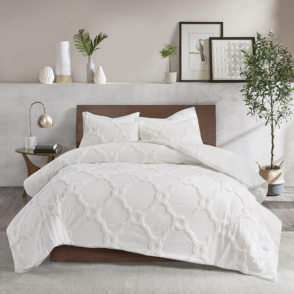 Start2Finish 3-piece tufted cotton chenille bedding comforter set with geometric design, shown on a neatly made bed.