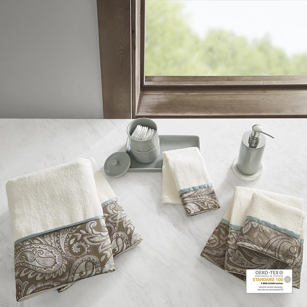 Start2Finish 6-piece Jacquard towel set featuring patterned cotton towels in various sizes for bathroom use.