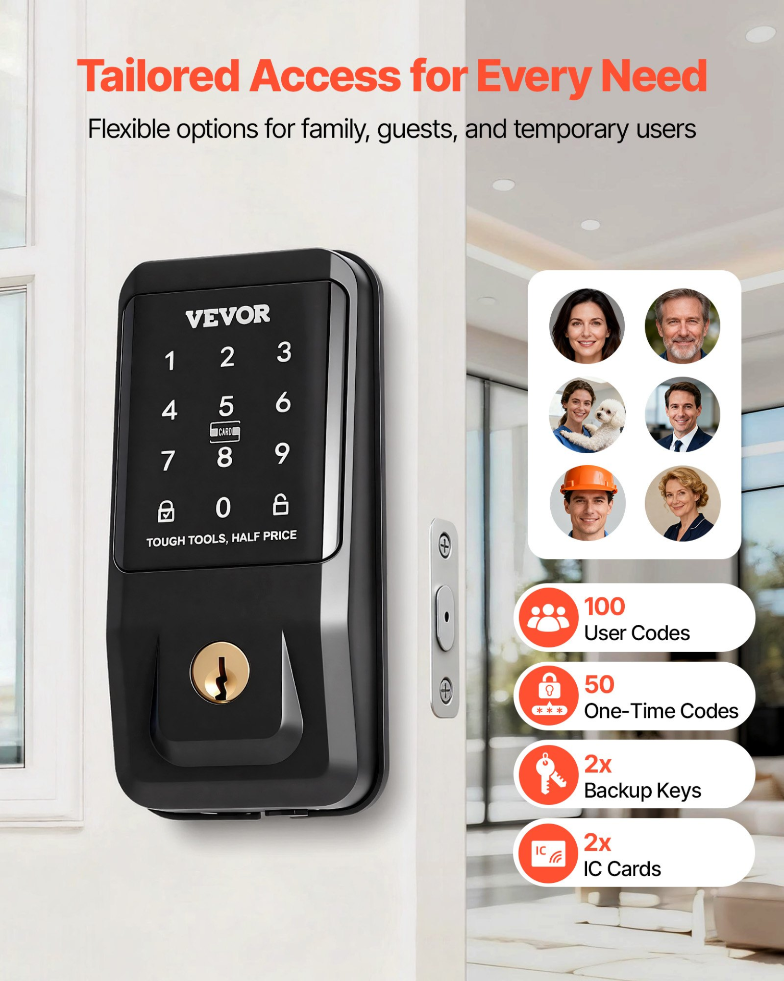 Start2Finish VEVOR keyless entry door lock with touchpad, backlit keypad, IC card, and customizable codes in matte black.