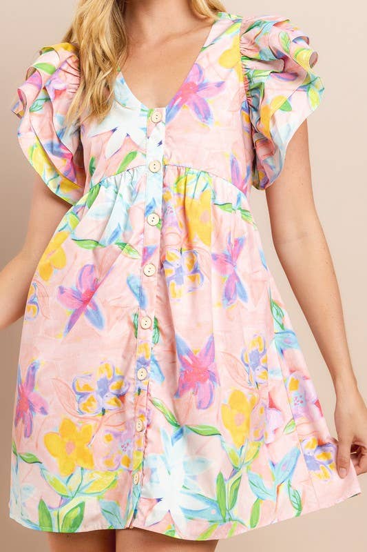 Floral printed dress in blush with V neckline and button-down front, size L, by Byzantium Smudge.