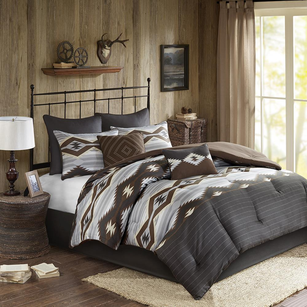 Start2Finish Bitter Creek oversized comforter set in grey and brown bedding with soft, plush fabric and decorative patterns.