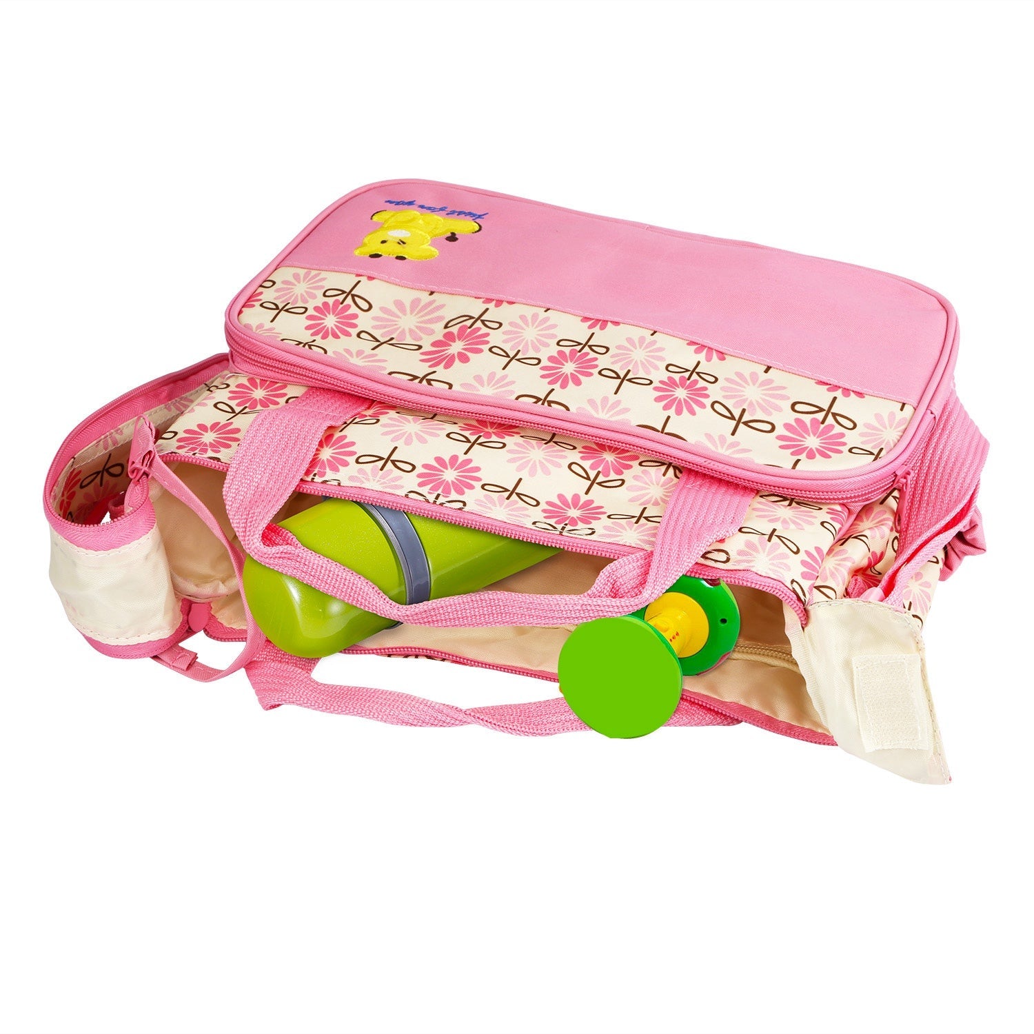 Set of five Pear Daisy baby nappy diaper bags with shoulder straps, ideal for moms to carry essentials comfortably.