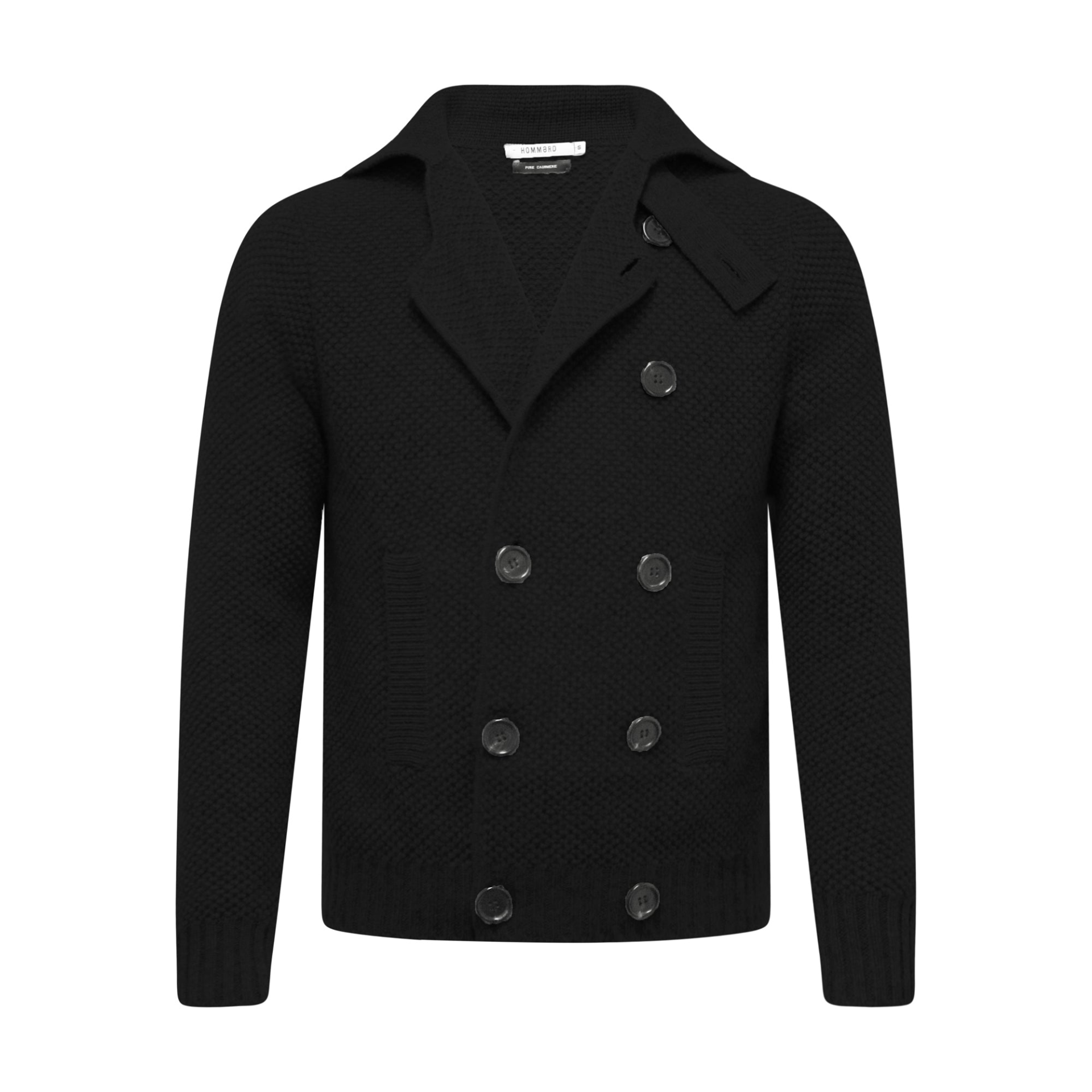 Start2Finish black cashmere double-breasted pea coat in seed stitch, shown on a hanger, with classic lapels and button details.
