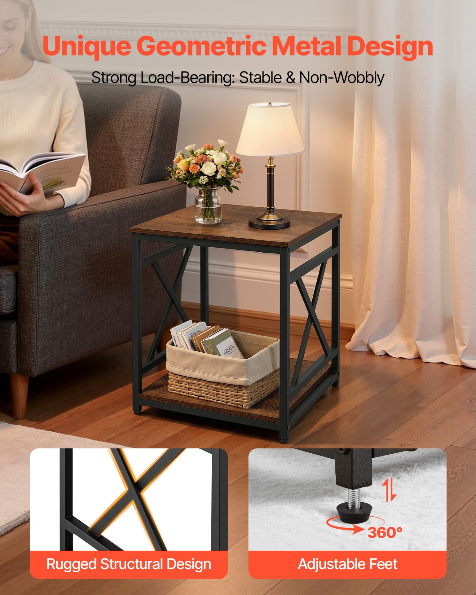 Start2Finish VEVOR 2-tier square end table with open shelves, X-metal frame, wood surface, ideal for living room, bedroom, or office.