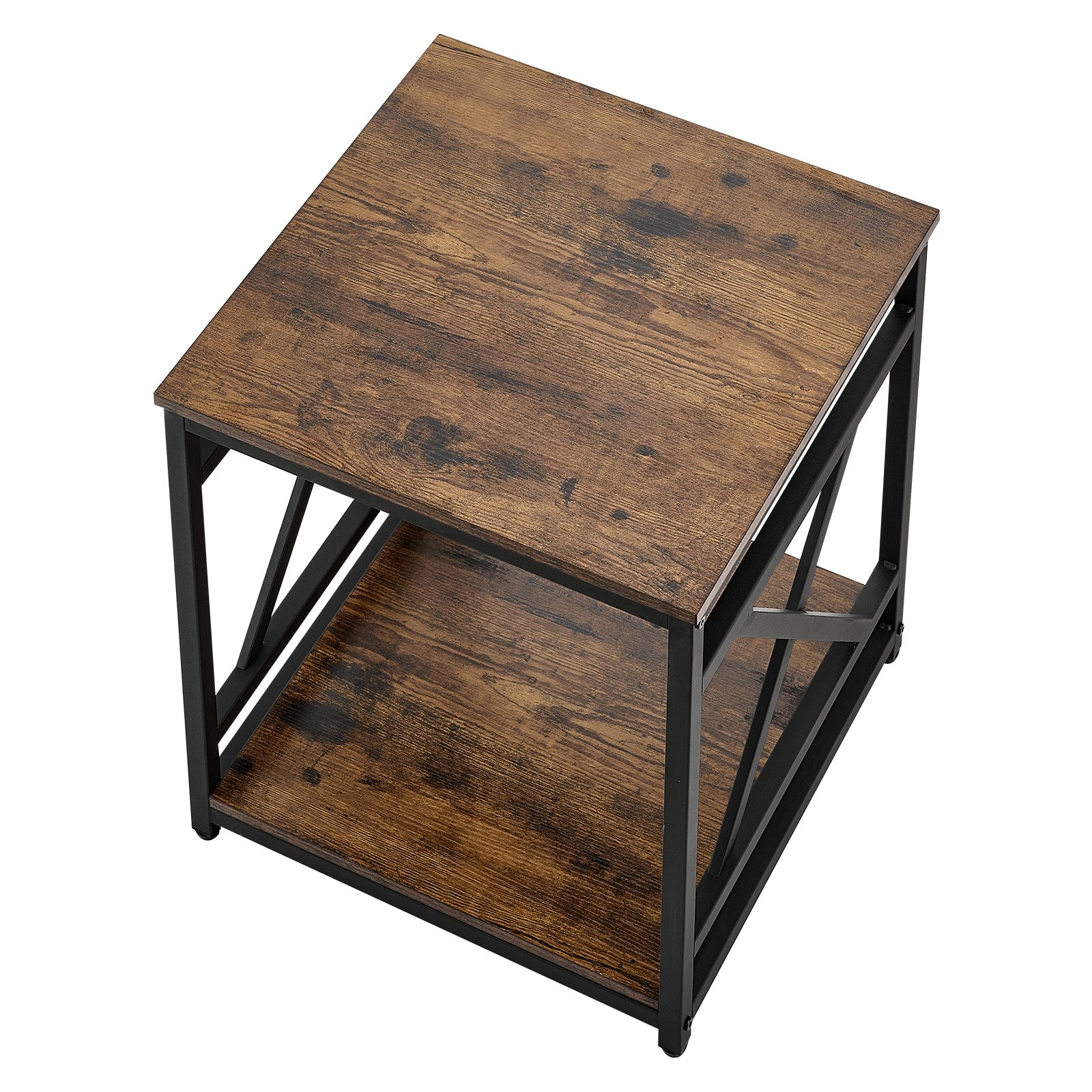 Start2Finish VEVOR 2-tier square end table with open shelves, wood top, metal X-frame, ideal for living room or bedroom decor.