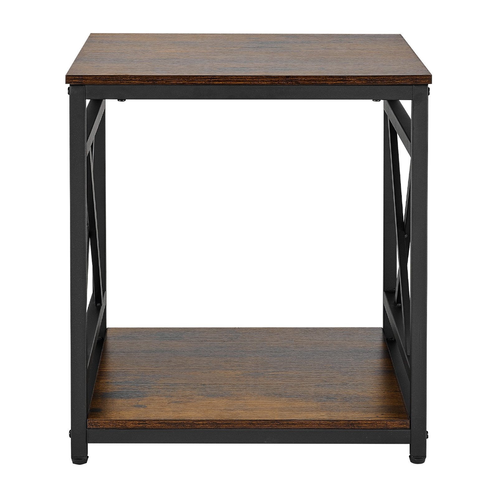Start2Finish VEVOR 2-Tier Square End Table with open shelves, metal X-frame, brown wood, ideal for living room, bedroom, or office.