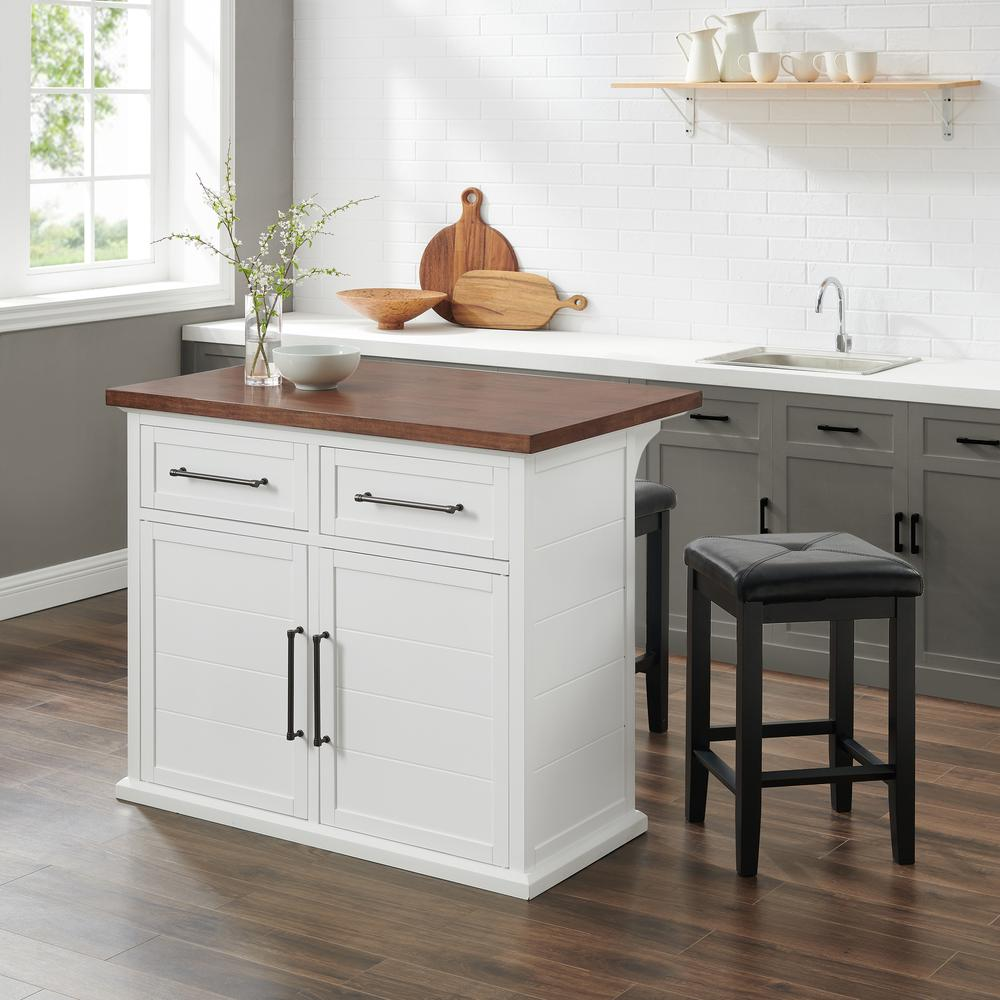 Start2Finish Bartlett wood-top kitchen island with square stools, showcasing a sturdy wooden surface and modern seating arrangement.