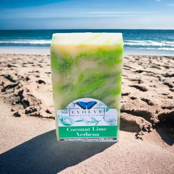 Start2Finish coconut lime verbena soap bar for bath and body, featuring a colorful summer-themed design.