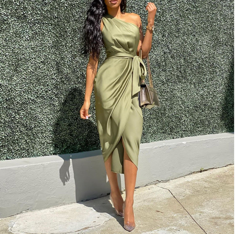 Women’s Asymmetrical Strap Dress – Slanted Shoulder