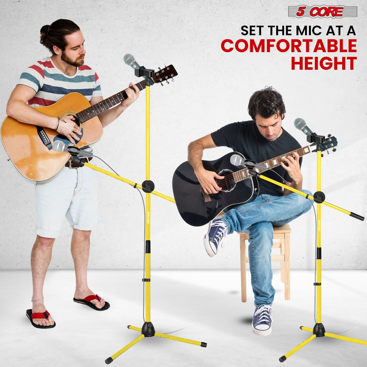 Start2Finish 5 Core Dual Microphone Stand 2 Pack with adjustable tripod, boom arm, and yellow finish, shown with microphone attachments.