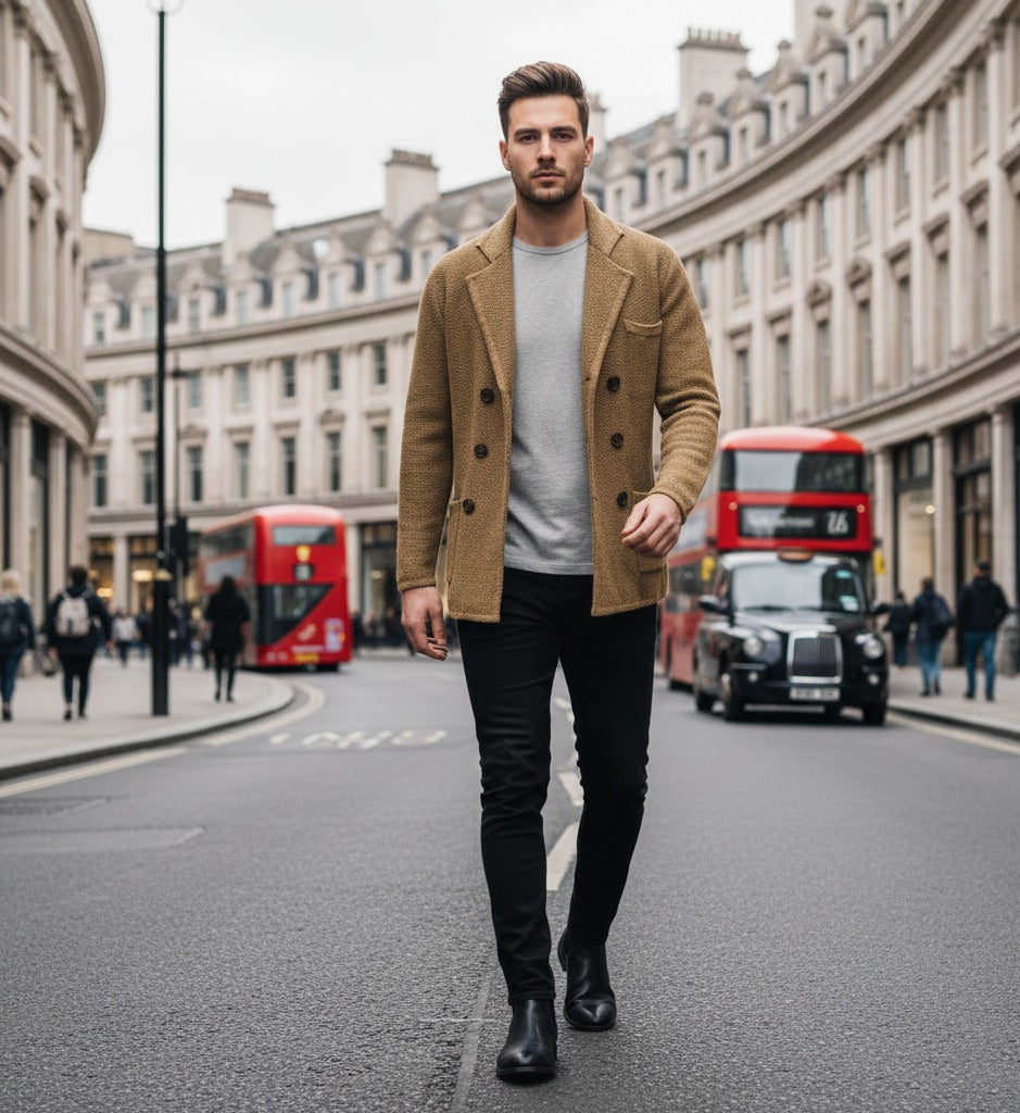 Start2Finish camel knitted double-breasted jacket with a tailored fit, featuring front buttons and ribbed cuffs.
