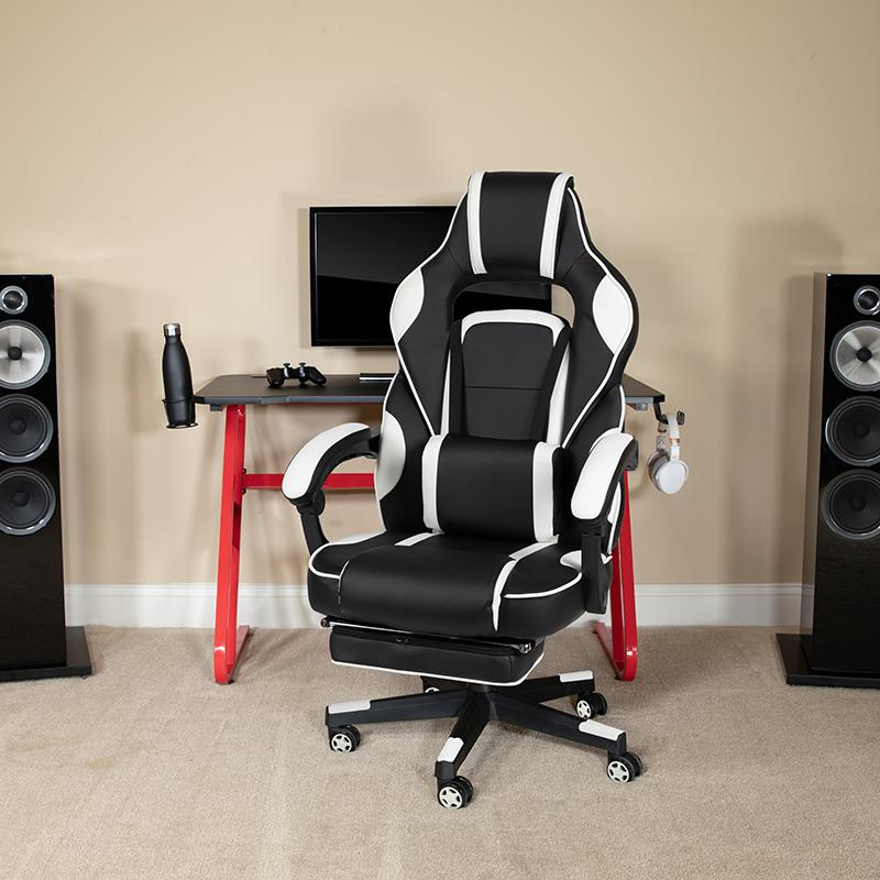 Start2Finish gaming chair with white reclining back and arms, red gaming desk with headphone hook, ergonomic furniture for gamers.