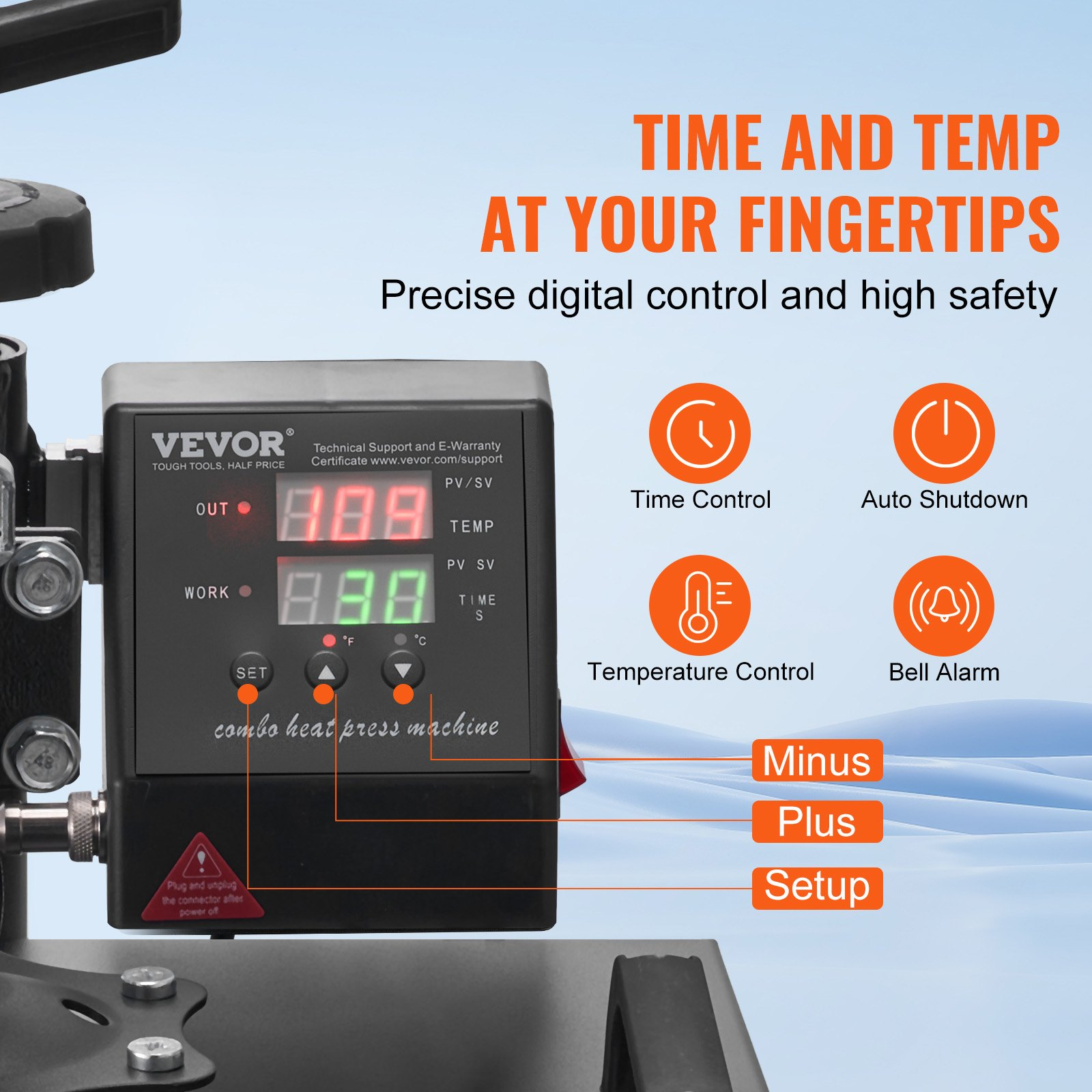 Start2Finish VEVOR 8-in-1 15x15 inch heat press machine with swing-away design for sublimation, heat transfer, and vinyl projects.