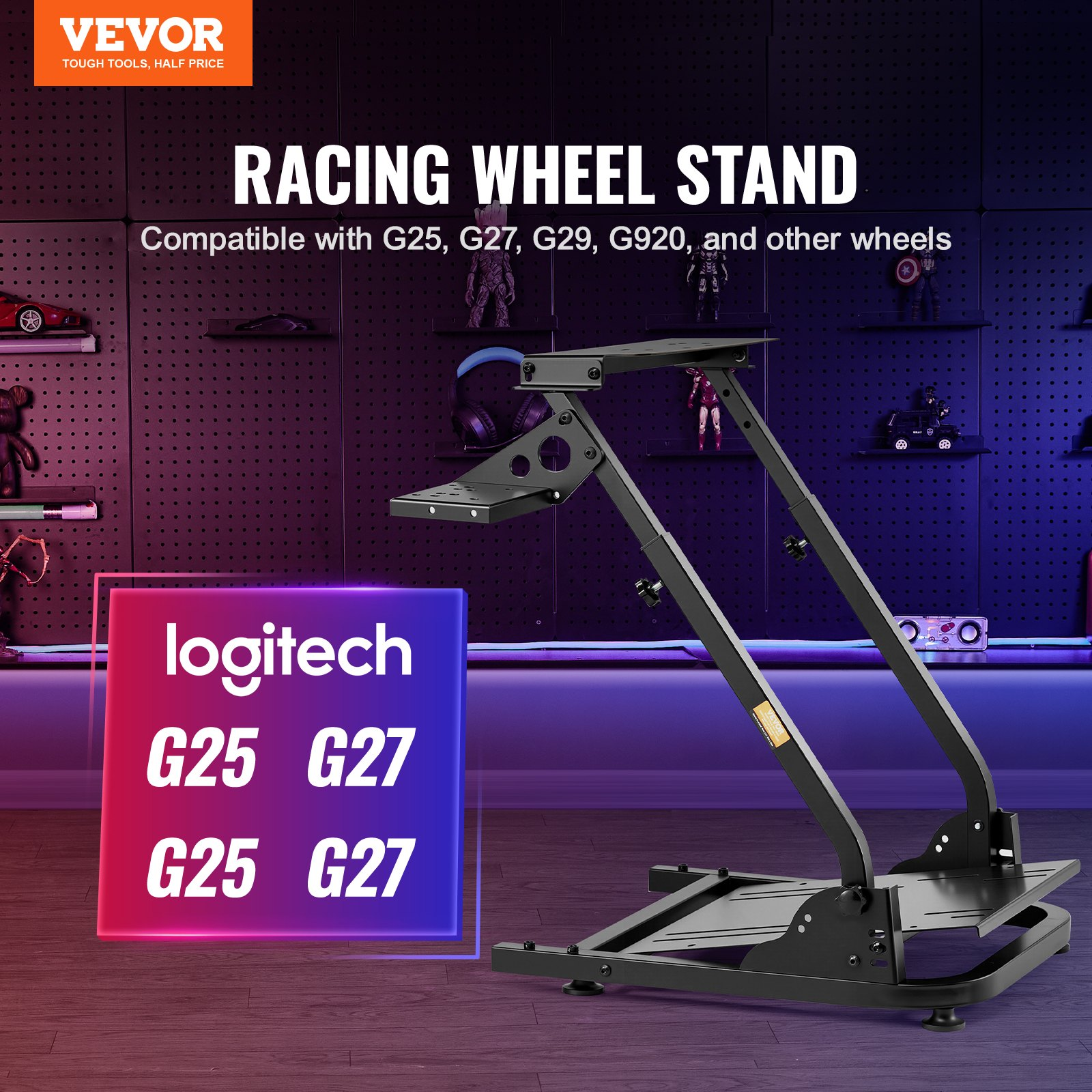 Start2Finish VEVOR G920 Racing Steering Wheel Stand with shifter mount for Logitech G27, G25, G29 gaming wheel and pedals (not included).